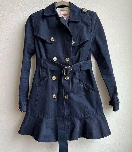 Juicy Couture  Navy Double Breasted Trench Coat Ruffle Hem Size XS Gold Buttons