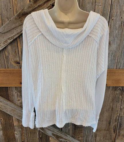 We The Free People Long Sleeve Waffle White Cowl Neck Top over sized XS crop front