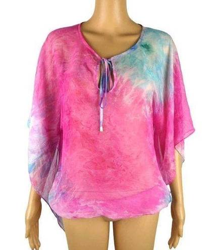 Alberto Makali  Sheer Tie Dye Blouse Split Tied Neck Flutter Kimono Sleeves Boho