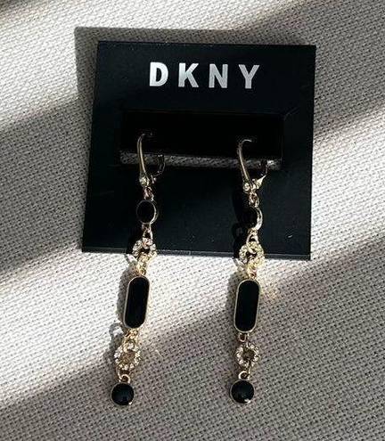 DKNY  Gold-Tone Pave Circle & Jet Resin Linear Drop Earrings Black/Gold New w/Tag