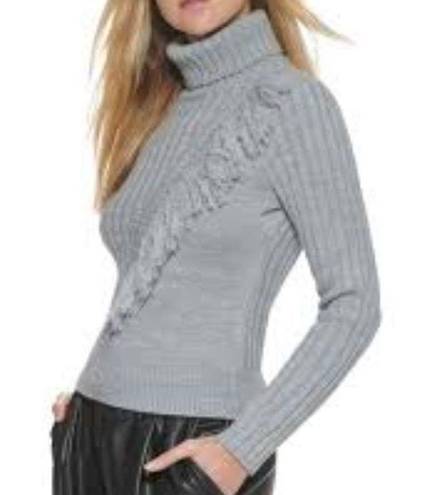 DKNY  Gray Asymmetrical Fringe Ribbed Turtleneck Sweater Sz Large PW6