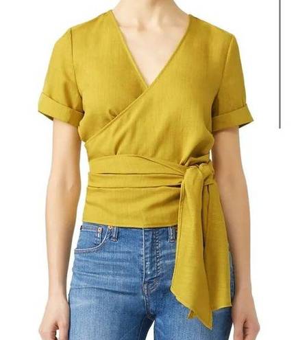 J.O.A. Wrap Front Linen Blend Crop Top Yellow/Green Medium