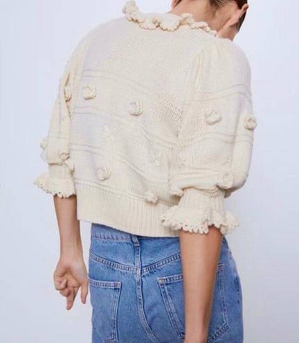 ZARA  NWOT Ruffled Floral Gem Button Down Knit Cardigan Sweater in Ivory Cream