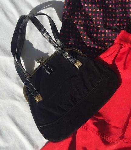 Suede and Leather Vintage Black Handbag w/ Gold