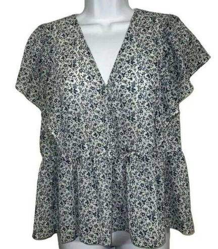 Madewell   Georgette Ruffle-Sleeve Peplum Top Blue & White EUC Size Medium