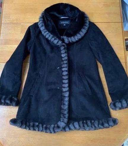 Jones New York  Black Faux Suede Coat Faux Fur Trim & Lining, Size S