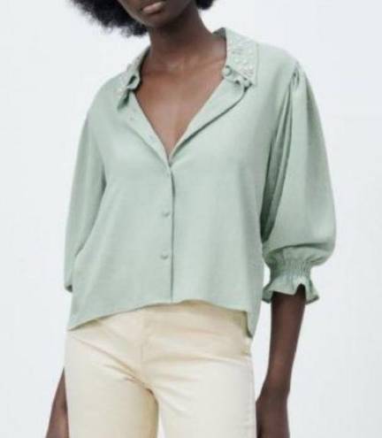 ZARA 209  Sage Button Pearl Rhinestone Top Large