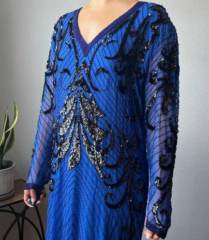 Oleg Cassini Vintage  Blue Beaded Silk Shift Dress Size 14
