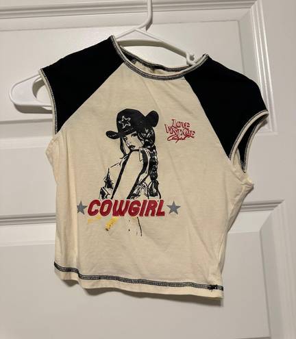 Antique Vintage Crop Tee Cap Shoulder Raglan Graphic Cowgirl Cowboy Western Size XS