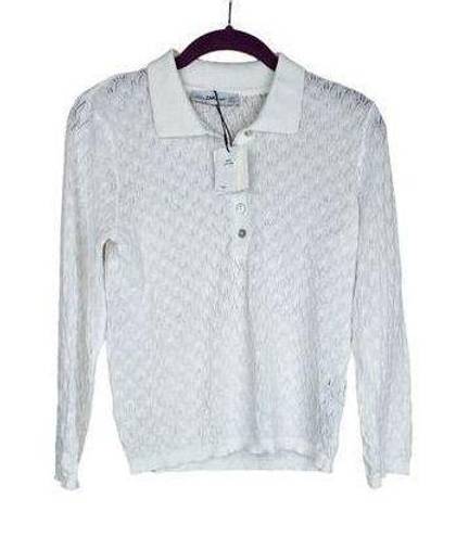 ZARA Knit Pointelle White Eyelet Long Sleeve Polo Top Women’s Medium NWT