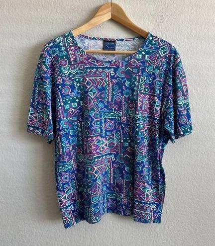 Jantzen VINTAGE  90s Geometric Blue Purple Floral T-Shirt Top Womens