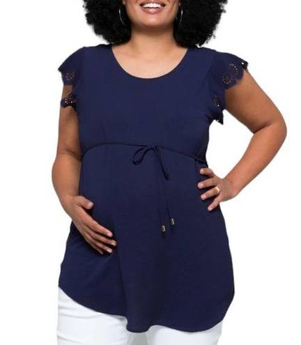 The Moon Full Cheryl Maternity Tie Front Blouse in Navy size 2X Laser Cut Out Floral