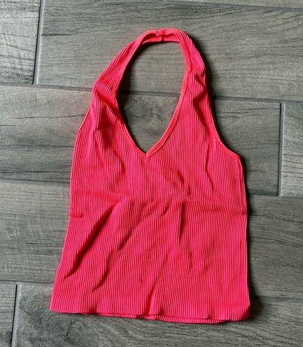 Aura  neon coral ribbed halter tank