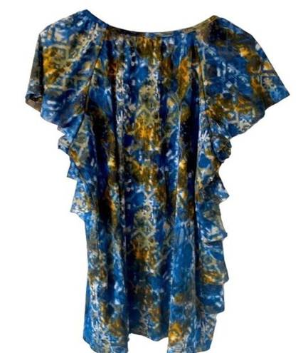 AB Studio  Ruffled Green and Blue Print Blouse Size XL