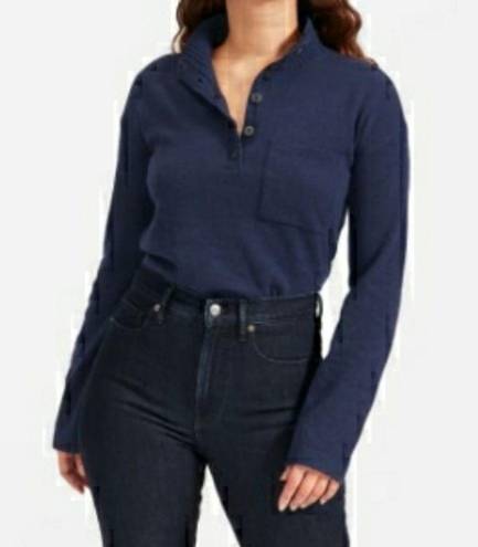 Everlane  Sweater Blue Heather Ink ReCashmere Button Mock Neck Sz XS GUC Preppy