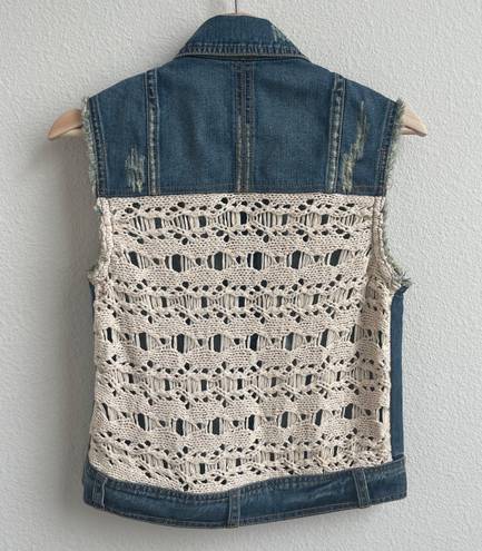 Free People Moody Blue Combo Distressed Denim Crochet Knit Macrame Cargo Vest