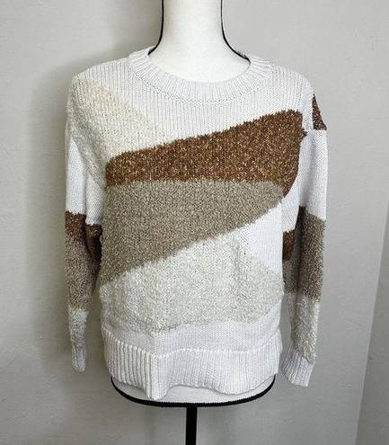 Lou & grey  Loft Colorblock Textured Coastal Crewneck Sweater Medium White/Tan