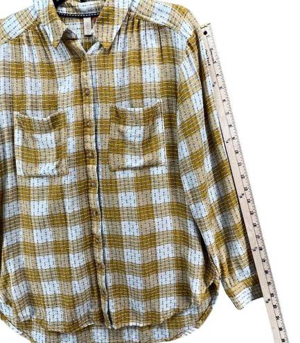 Pilcro  Anthropologie Blouse Womens S Yellow Plaid Blue Stitched Button Up Shirt