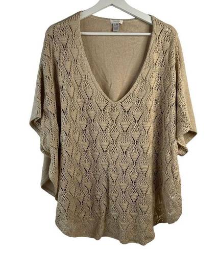 Chico's  Women’s Size S / M Poncho Sweater Beige Gold Metallic V-Neck Short Sleeve