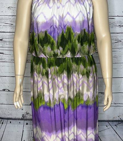 Dress Barn  Woman Size 16 Purple & Green Chevron Stripe High-Neckline Maxi Dress