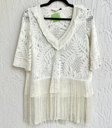 Alexis  Short Sleeve Fringe Semi Sheer Embroidered Top Off White Womens Size XS/S