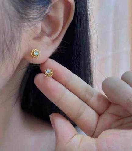 18K Gold Plated Hollow Mini Small Opal Stud Earrings for Women