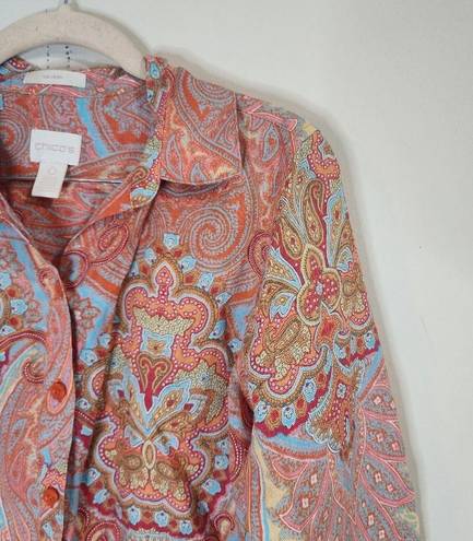 Chico's  Eclectic Paisley Printed Floral 100% Linen Women S Button Front Shirt