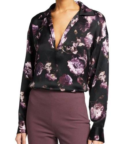  S Vince Silk Floral Long Sleeve Spread Collar Black and Purple Blouse