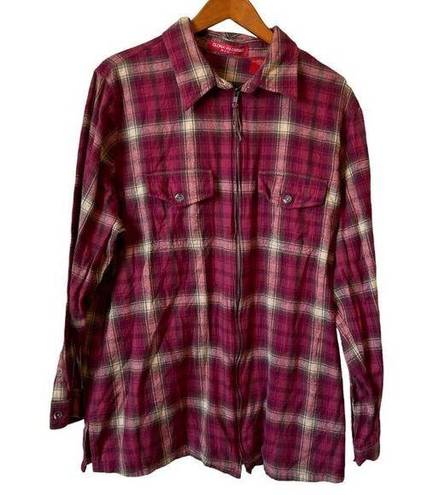 Gloria Vanderbilt 2X Zip Up Plaid Flannel Long Sleeve Shirt