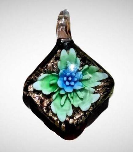 None Hand Blown Diamond Shaped Green Blue Flowering Plant Glass Floral Pendant