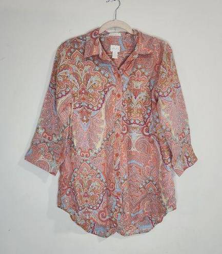 Chico's  Eclectic Paisley Printed Floral 100% Linen Women S Button Front Shirt