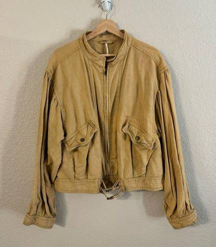 Free People  Poet Full Zip Jacket Puff Sleeves Moto Bomber Tan Boho size large