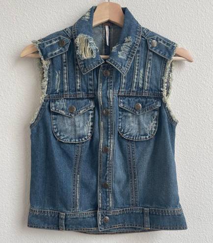 Free People Moody Blue Combo Distressed Denim Crochet Knit Macrame Cargo Vest