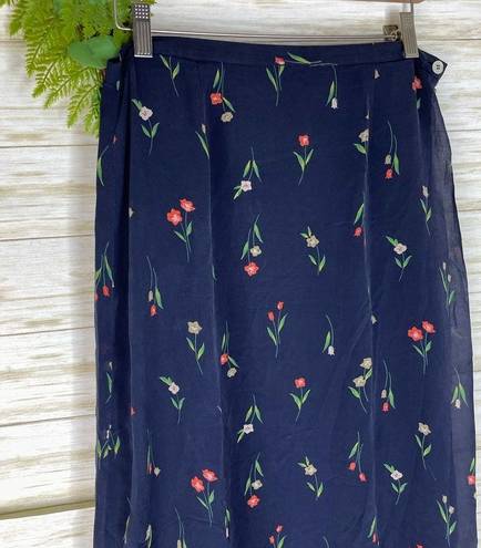 Vintage Myclothes Navy Tulip Floral Print Silk Maxi Skirt Size 12