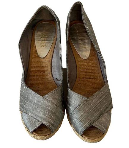 Ralph Lauren Lauren  Silver Silk Crisscross Peep Toe Espadrille Cecilia Wedges 8