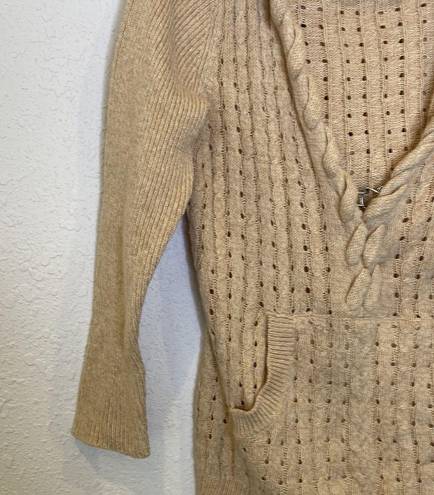 DKNY  Beige Cable Knit V-Neck Hooded Sweatshirt EUC Sz Sm Cotton Pullover