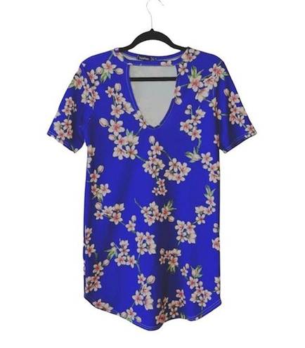 Boohoo Blue Cherry Blossom Floral Print Cutout Round Hem Mini Dress