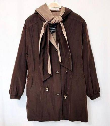 Gallery VINTAGE! 90’s  BROWN AND TAN TIE FRONT NECK BOW HOODED TRENCH COAT JACKET