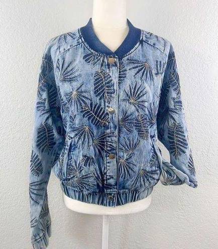 Guess Women's Burnished Denim Bomber Jacket Size XL Embroidered Palm Tropical