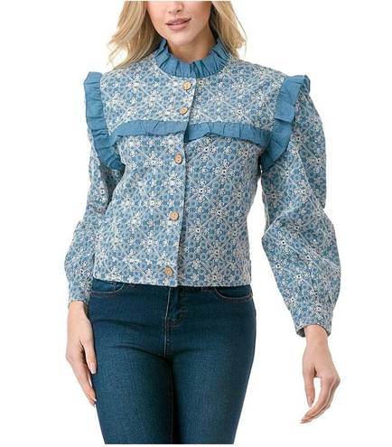 Solitaire  Women’s Sz L NEW Denim Floral Ruffle Eyelet Lace Cropped Shirt Jacket