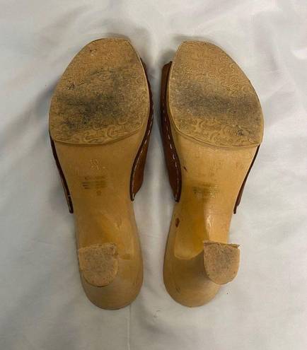 Candie's 90s tan brown leather wood chunky platform  clogs Mules 10