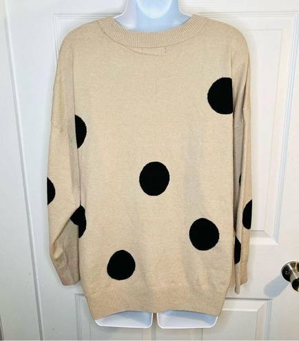 T Tahari  Polka Dot Crew Neck Pullover Sweater Plus Size Tan Khahi Black 1X