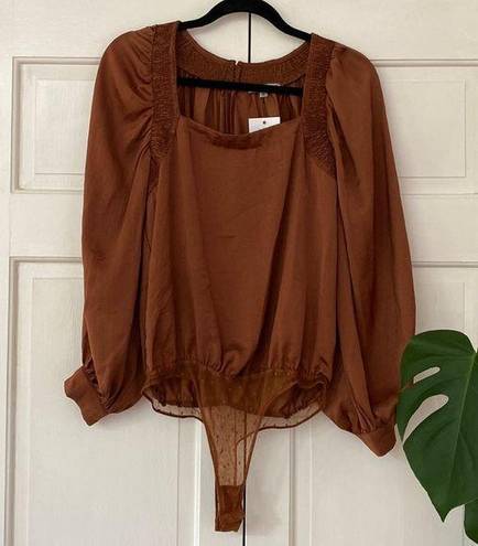 Wishlist  Boutique Body Suit Long Sleeve Brown Sienna Square Neck Metallic Copper