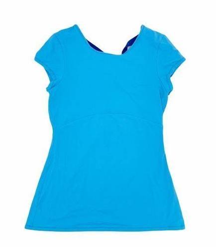 Lucy Activewear  Women's Bright Blue Cross Back Short Sleeve Fitted Workout Top