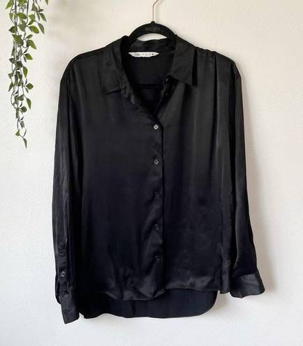 ZARA  Black Satin Effect Button Down Shirt Sz L