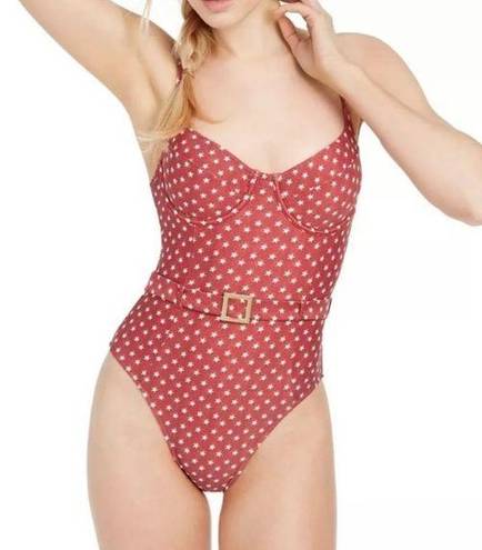 We Wore What  Danielle Star Print One Piece Swimsuit Retro Belted Red Large L NWT