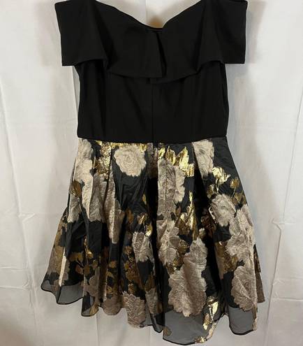 Betsy and Adam NWT  Women’s Off the Shoulder Metallic Floral Black & Gold Dress Size 12