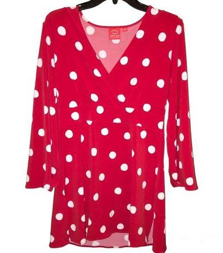 Oscar de la Renta  Faux Wrap Polka Dot V Neck Tunic Red White Medium