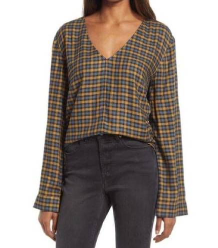 Treasure & Bond  Deep V-neck Blouse Plaid Yellow Navy Size Small S NWT