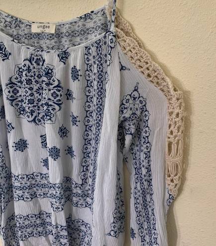 Umgee Womens Blue Floral Boho Crochet Off Shoulder Blouse Long Sleeve Top